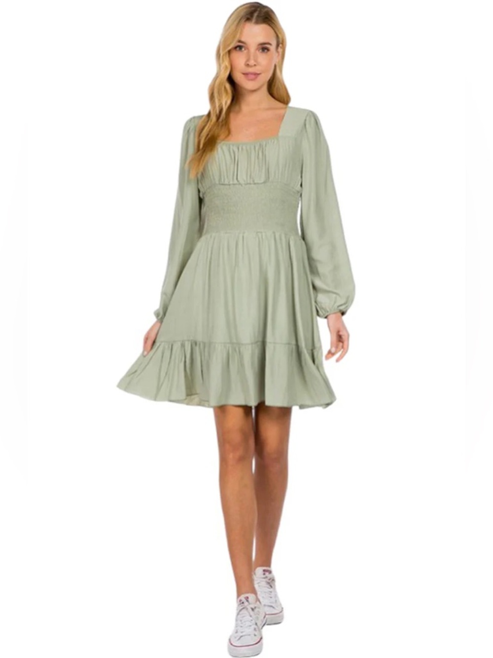 Purple Snow Olive Green Smocked Waist Dress